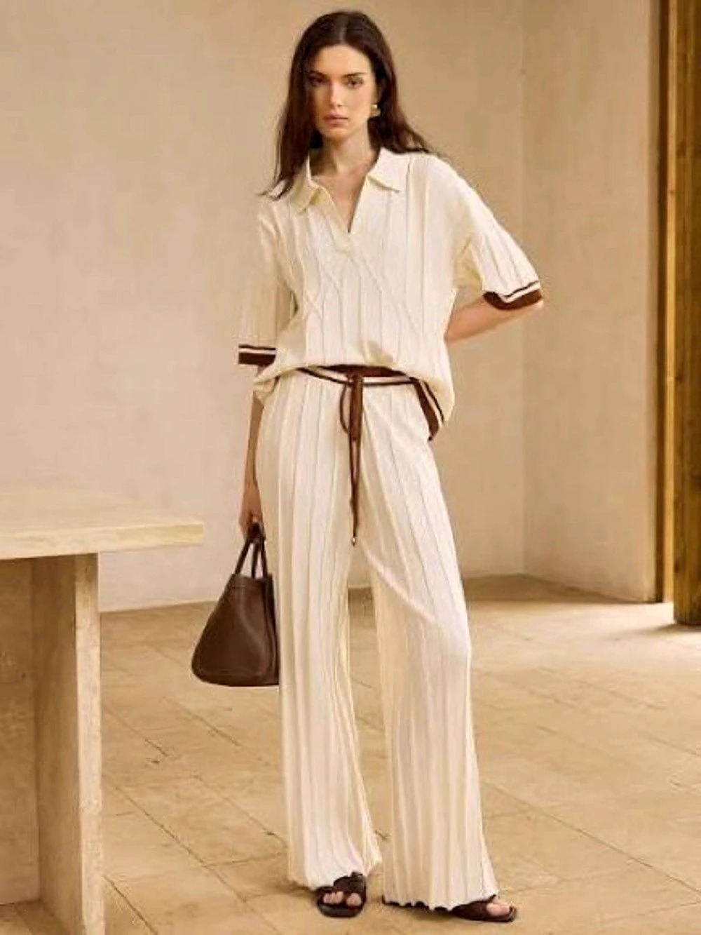 Commense Knit Wide Leg Jumpsuit in Cream & Brown Small Like New. Worn once